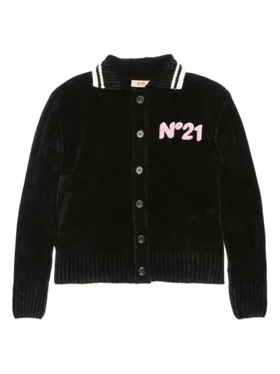 N°21 Kids' Logo-appliqué Spread-collar Cardigan In Black