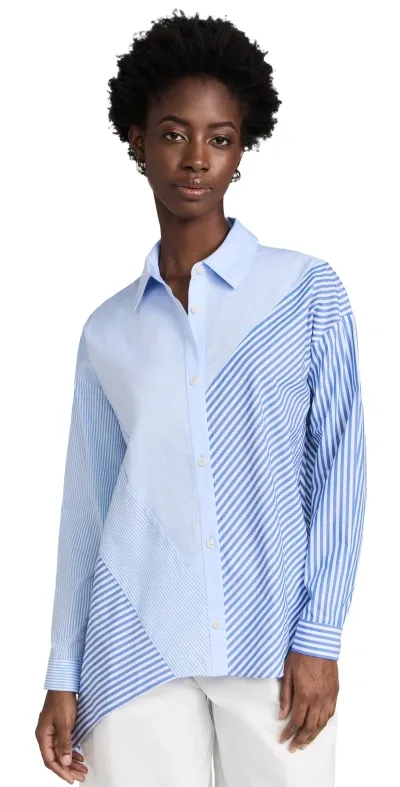 Naadam Cotton Asymmetrical Stripe Mix Shirt Blue Combo