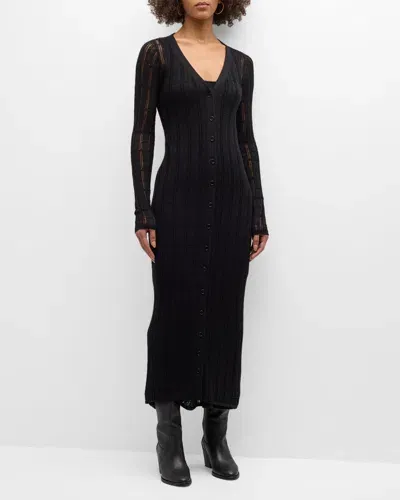 Naadam Pointelle-knit Cardigan Midi Dress In Black