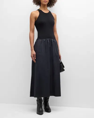 Naadam Sleeveless Mixed Media Midi Dress In Black