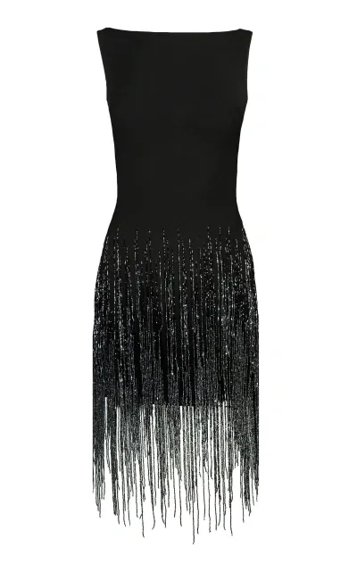 Naeem Khan Beaded Fringe Boat Neck A-line Dress In Black