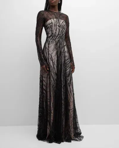 Naeem Khan Beaded Long-sleeve Illusion Gown In Black