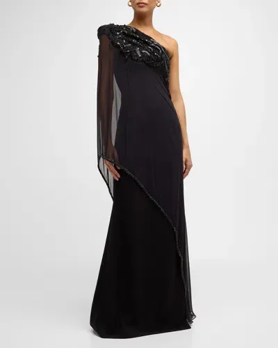 Naeem Khan Beaded One-shoulder Gown With Sheer Overlay In Black