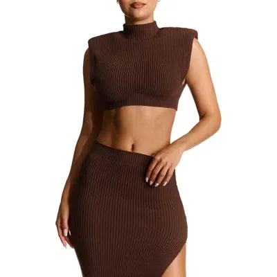 Naked Wardrobe Mock Neck Crop Rib Sweater In Dark Chocolate