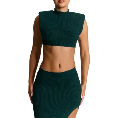 Naked Wardrobe Mock Neck Crop Rib Sweater In Deep Teal