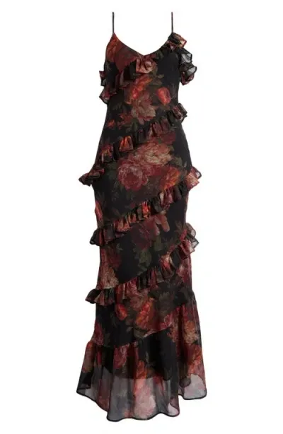 Nasty Gal Floral Ruffle Tiered Chiffon Dress In Black