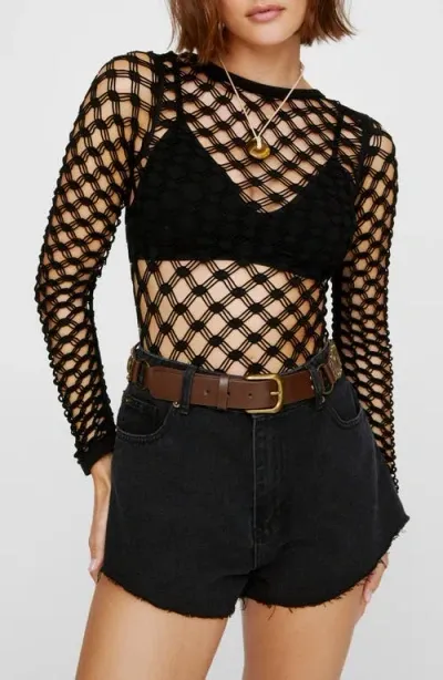 Nasty Gal Long Sleeve Net Bodysuit In Black