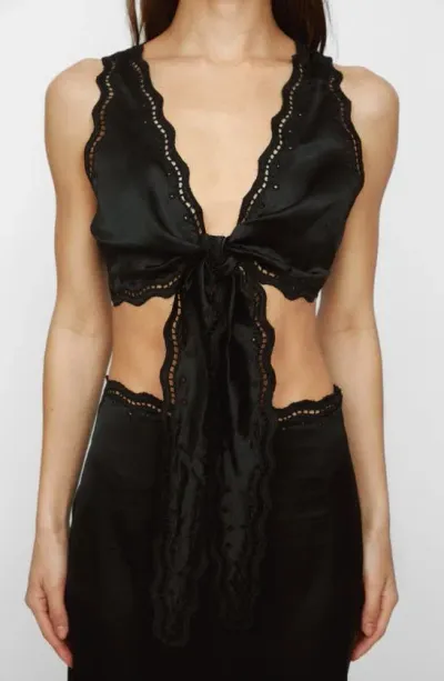 Nasty Gal Scallop Cutwork Tie Front Crop Tank In Black