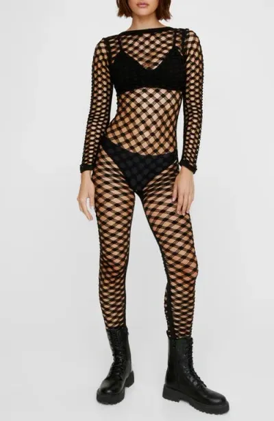 Nasty Gal Seamless Long Sleeve Net Jumpsuit In Black