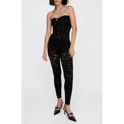 Nasty Gal Strapless Diamante Mesh Catsuit In Black