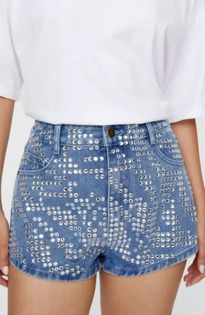 Nasty Gal Zebra Hotfix Denim Shorts In Authentic Midwash