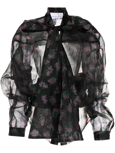 Natasha Zinko Pixel Flower Deconstructed Sheer Shirt In Black