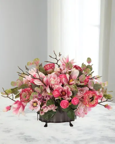 Ndi Roses & Anemones 27" Faux Floral Arrangement In Metal Planter In Pink