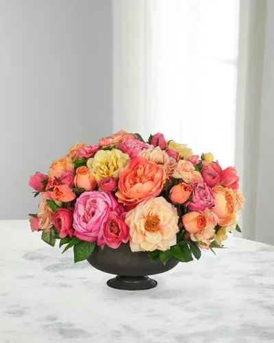 Ndi Roses & Ranunculus 21" Faux Floral Arrangement In A Metal Bowl In Pink