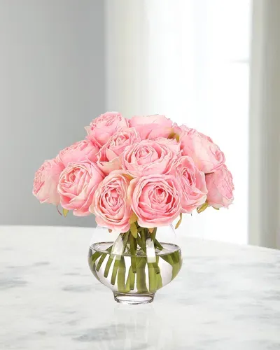 Ndi White Roses 8" Faux Floral Arrangement In Glass Vase In Pink