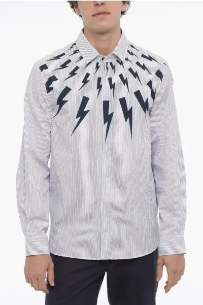 Neil Barrett Awning Striped Shirt With Thunderbolt Print In Blue