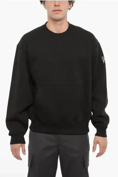 Neil Barrett Fleeced Cotton Blend Easy Fit Crew-neck Sweatshirt In Black