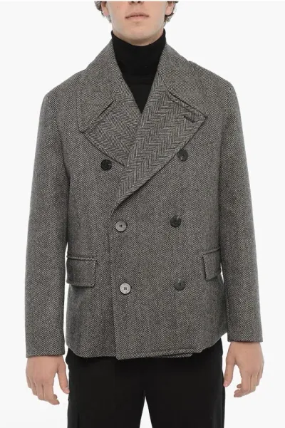 Neil Barrett Herringbone Motif Virgin Wool Double Breasted Peacoat In Gray