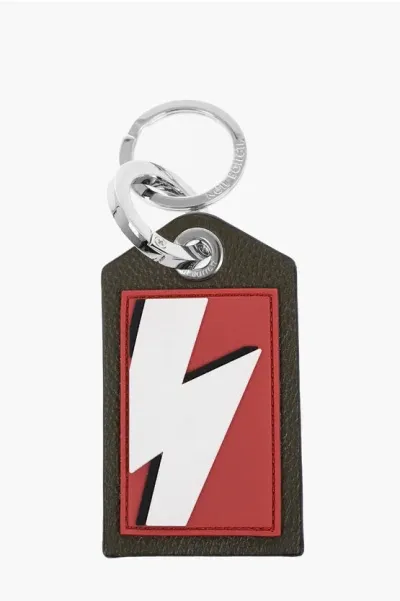 Neil Barrett Keyring With Leather Pendant And Thunderbolt Detail In Red