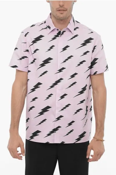 Neil Barrett Short Sleeve Shirt With All-over Thunderbolt Print In Pink