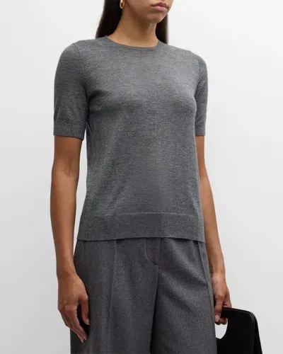 Neiman Marcus Cashmere Crop Crewneck Sweater In Heather Gray