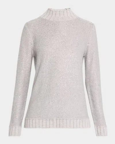 Neiman Marcus Cashmere Mock-neck Sequin Knit Sweater In Pearl Grey