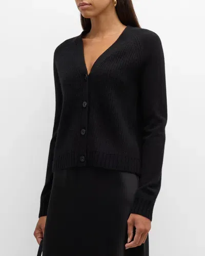 Neiman Marcus Cashmere Ribbed Boyfriend V Cardigan In Black