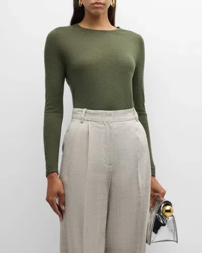 Neiman Marcus Cashmere Superfine Crewneck Top In Olive