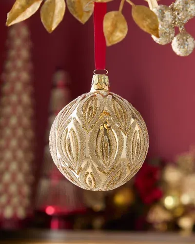 Neiman Marcus Christmas Shiny Glitter Feather Ball Ornament In Gold