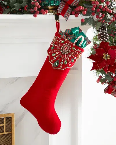 Neiman Marcus Classic Christmas Stocking With Jeweled Cuff In Red