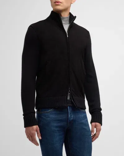 Neiman Marcus Men's Suede-front Cashmere-blend Full-zip Sweater In Black