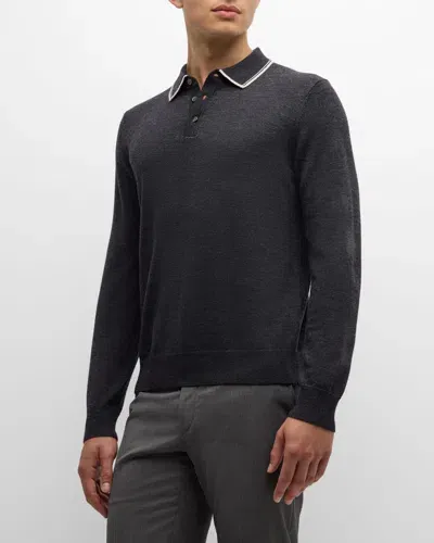 Neiman Marcus Men's Tipped Wool Polo Sweater In Charcoal