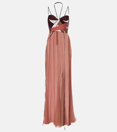 Nensi Dojaka Mae Cutout Draped Tulle-trimmed Silk-chiffon Gown In Cognac