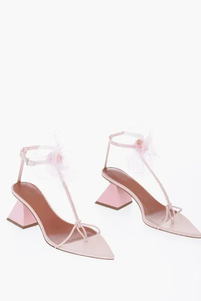 Nensi Dojaka Point Toe Soft Leather T-strap Sandals With Flower Applicati In Pink