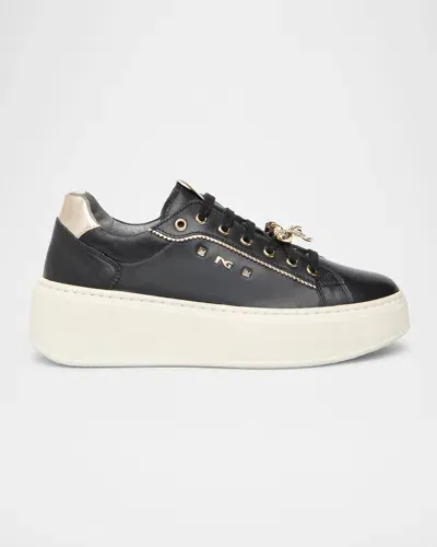 Nerogiardini Gems Mixed Leather Bow Skater Sneakers In Black