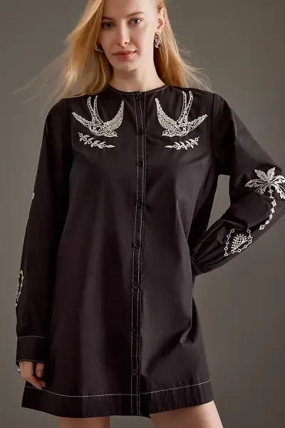 Never Fully Dressed Embroidered Swallow Romance Mini Dress In Black