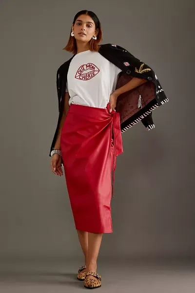 Never Fully Dressed Jaspre Faux Leather Midi Skirt In Red