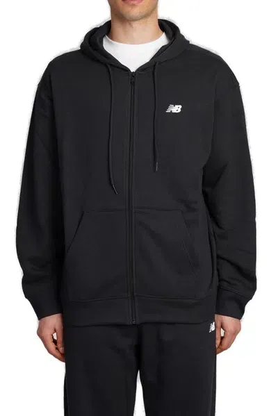 New Balance Logo Printed Zipped Drawstring Hoodie In Black