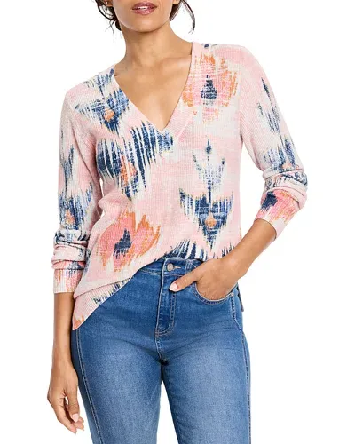 Nic + Zoe Abstract Floral Waffle Stitch V-neck Sweater In Pink Multi