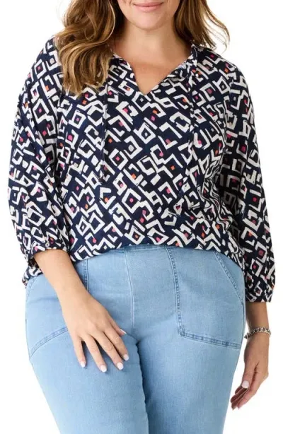 Nic + Zoe Nic+zoe Indigo Angles Split Neck Linen Blend Top In Indigo Multi