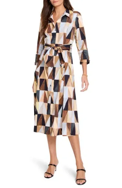 Nic + Zoe Nic+zoe Jessie Shadow Play Belted Long Sleeve Stretch Cotton Shirtdress In Brown Multi