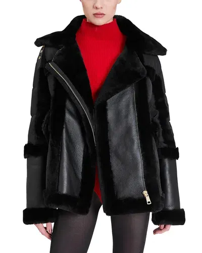 Nicole Benisti Garnier Shearling Trim Coat In Black