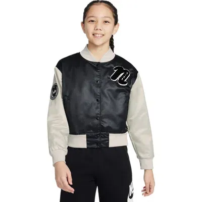 Nike Kids' Sportswear Satin Varsity Jacket In Black/light Bone