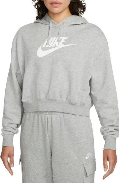 Nike Sportswear Club Fleece Crop Hoodie Sweatshirt In Dark Grey Heather/white