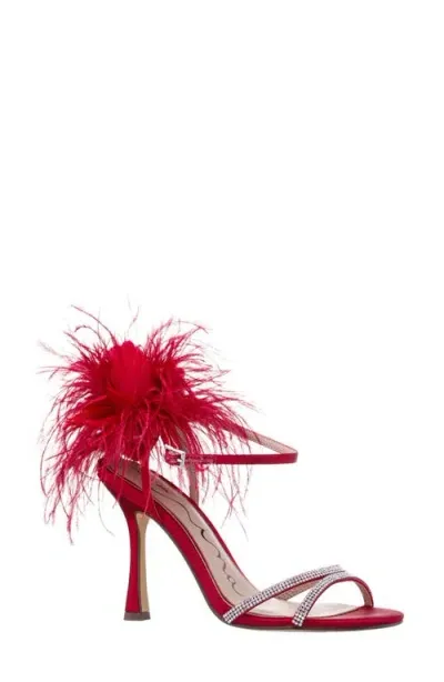 Nina Demi Faux Feather Ankle Strap Sandal In Red