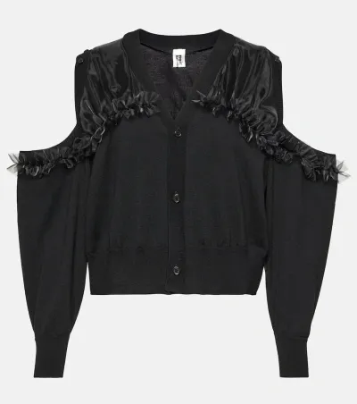 Noir Kei Ninomiya Cutout Tulle-trimmed Wool Cardigan In Black