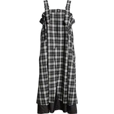 Noir Kei Ninomiya Suspender Strap Check Wool Gabardine Midi Dress In Black