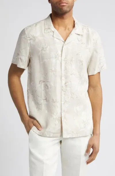 Nordstrom Brushed Floral Short Sleeve Button-up Linen Camp Shirt In Grey Moonbeam Brushed Floral