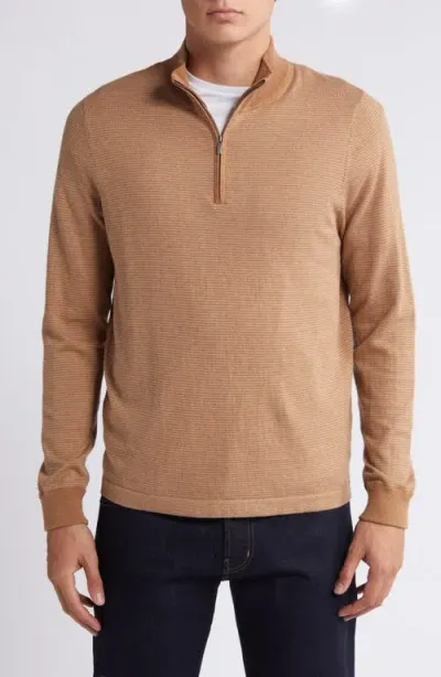 Nordstrom Quarter Zip Long Sleeve Cotton & Silk T-shirt In Brown Bear- Oatmeal Stripe