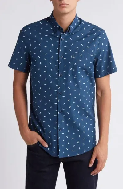 Nordstrom Trim Fit Floral Short Sleeve Stretch Button-down Shirt In Navy Denim Chamomile Buds